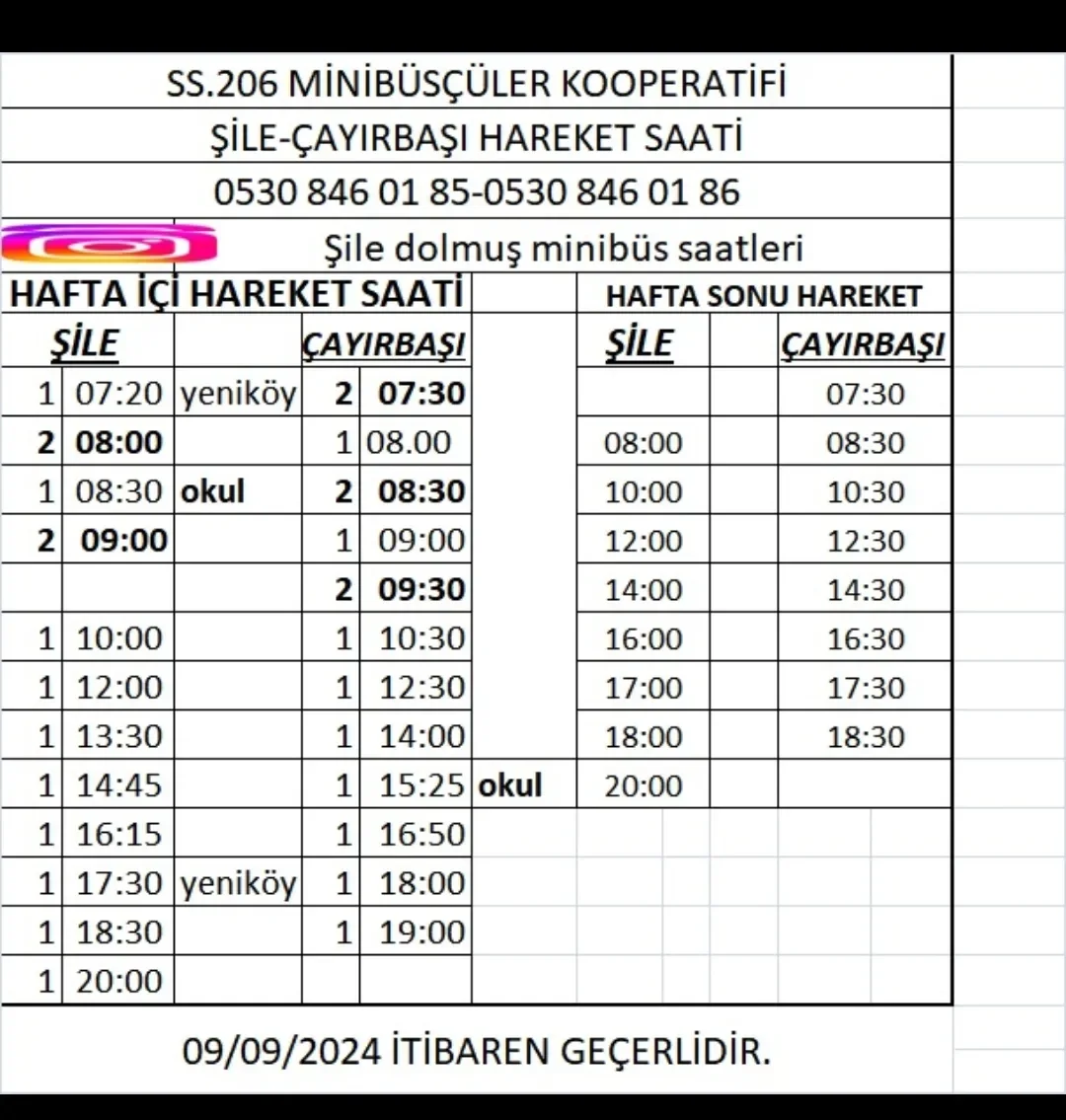 Şile Çayırbaşı Minibüs Saatleri