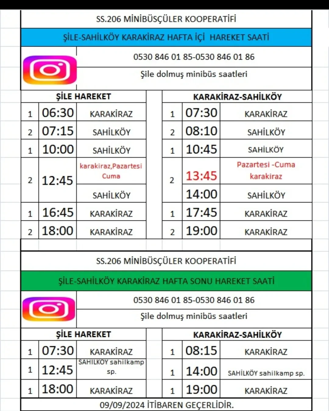 Şile Sahilköy Karakiraz Dolmuş Saatleri